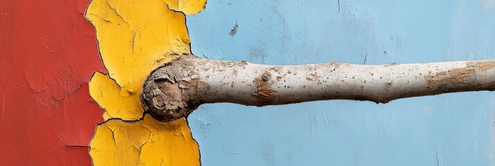 Canvas Print - A weathered branch rests on a backdrop of vibrant red, yellow, and blue paint, creating an abstract and visually engaging composition. The peeling paint and rough texture of the branch convey a sense 