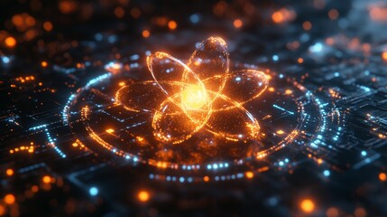 Wall Mural - a holographic atom glows in vibrant colors within a dark, digital environment, highlighting intricat