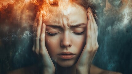 Fototapete - A young woman, eyes shut tight, gently presses her hands on her head, conveying feelings of stress and anxiety amidst an intense swirling backdrop. Generative AI
