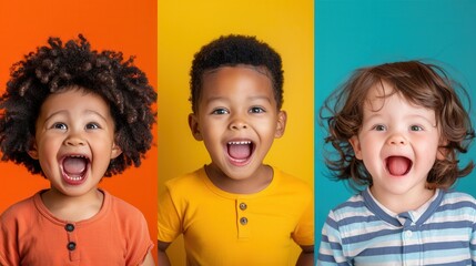 Three children with unique hairstyles laugh joyfully, showcasing their happiness in bright, colorful surroundings. Generative AI