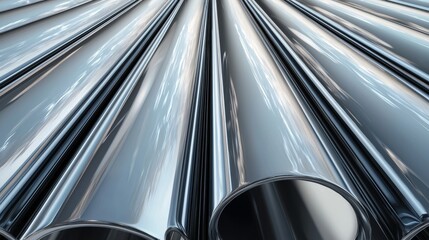 Industrial boiler tubes, refinery backdrop, chrome finishes and reflections, 3D illustration