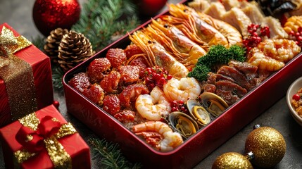 Festive Seafood Feast A CloseUp of a Red Lacquered Box Filled with Shrimp Clams and Festive Garnishes Surrounded by Christmas Decorations