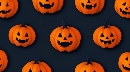 Sticker - This festive Halloween background features a repeating pattern of orange jack-o'-lantern pumpkins with carved faces against a dark background. The pumpkins symbolize autumn, festivity, and the spooky 