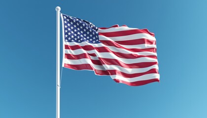 Waving American flag against a clear blue sky on a sunny day