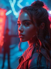 Young actress on a film set under blue lights