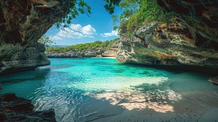 Exotic travel destination Breathtaking view of a hidden beach with crystal blue waters