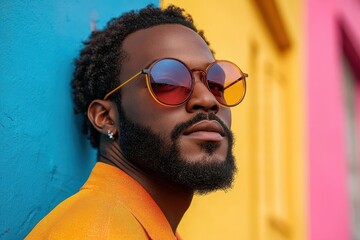 portrait of a stylish man wearing avantgarde multicolored sunglasses against a vibrant colorblocked background bold contrasts create a striking fashion statement