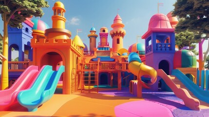 Fantastic colorful playground with castle and slide, generative ai