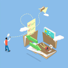 3D Isometric Flat Vector Illustration of File Transfer, Migration or Transfer of Documents