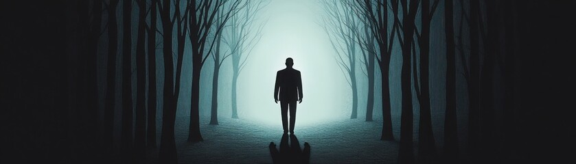 Wall Mural - a solitary figure walking through a dark forest with a faint light emerging in the distance, represe