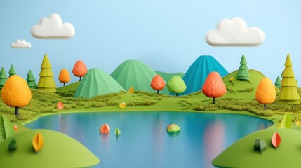 Low-Poly 3D Landscape with Lake and Colorful Trees