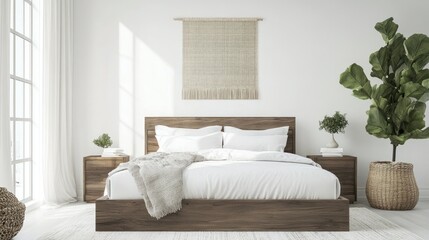 Wall Mural - Minimalist Bedroom Interior with Wooden Bed and Natural Elements