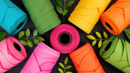 Wall Mural - Colorful Rolled Paper with Green Leaves on Black Background