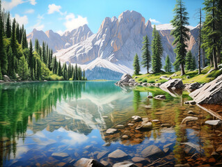 Wall Mural - Scenic view of lake and mountains against blue sky