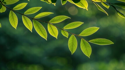 Wall Mural - Sunlit Green Leaves Branch Against Blurred Background