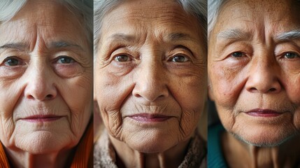 Aufkleber - Three elderly men of various ethnicities showcase their wisdom and tranquility, each portrait revealing deep lines that tell stories of a lifetime. Generative AI