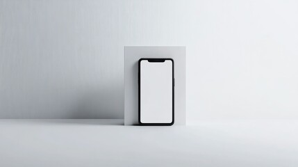 Wall Mural - Black Smartphone with Blank Screen Standing on White Platform