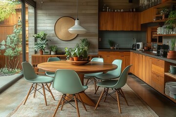 Sticker - scandinavian dining area featuring mintcolored chairs around a round wooden table midcentury modern elements blend with contemporary design creating an inviting and stylish living space