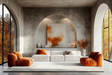 Sticker - scandinavian living room featuring two striking orange armchairs contrasting a crisp white sofa minimalist concrete walls adorned with modern art create a chic contemporary atmosphere