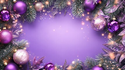 festively decorated purple christmas background with ornaments and pine branches for holiday celebra