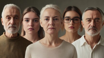 Aufkleber - Five individuals of different ages stand closely together, each displaying unique expressions in a neutral-toned environment. Generative AI