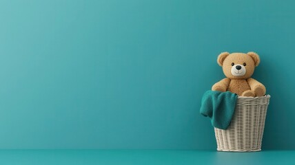 teddy bear resting in a basket of laundry, homey setting, 3d illustration