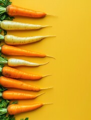 Poster - A row of orange and white carrots with green tops arranged against a bright, warm background, emphasising fresh, organic produce.