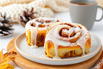 cinnamon rolls with icing on a wooden plate sweet pastry with cozy autumn vibe delicious dessert and