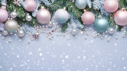 A festive arrangement of pastel-colored ornaments and pearls on frosted pine branches, adding charm to a winter celebration