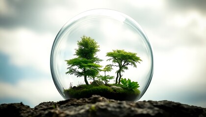 A glass dome containing a miniature forest of lush green trees and plants, set against a cloudy sky background