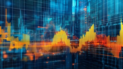 Poster - A high-resolution image of a financial graph with multiple lines and bars, overlaid on a stock market background, showcasing complex data visualization.