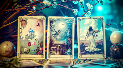 Three tarot cards with a woman in a white dress and a man in a blue dress