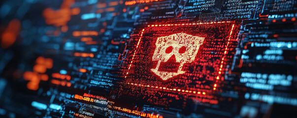 Wall Mural - Ransomware attack illustration, an alert message on a compromised computer screen, highlighting the danger of cyber extortion