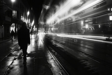 A person walking down a city street at night