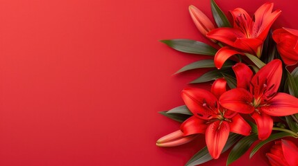 Wall Mural - Red Lilies on Red Background