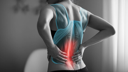 Wall Mural - Medical Concept Of A Woman With Back Pain, Her Muscular Pain Is In Glowing Red Color. Medical Background