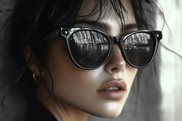 urban fashion portrait woman in oversized sunglasses edgy street style gritty city backdrop high contrast lighting attitude pose