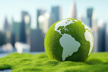 A world ball covered in moss and grass, with the city skyline background