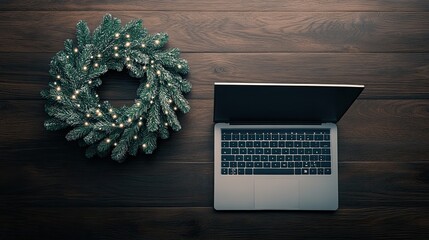 Canvas Print - A beautifully arranged eucalyptus wreath featuring fairy lights sits atop a dark wooden background, perfect for adding a festive touch to holiday decor during winter celebrations