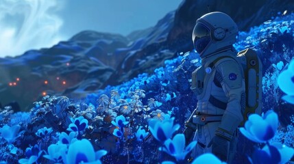 Wall Mural - A man in a space suit stands in a field of blue flowers