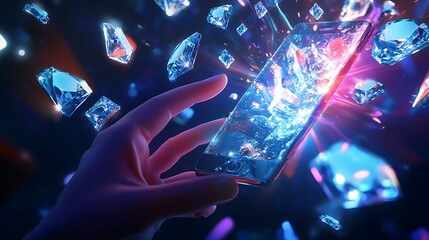 Sticker - A hand holds a phone with a glowing screen, surrounded by sparkling blue crystals, radiating a magical and futuristic aura.