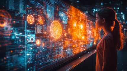 Wall Mural - a person observes glowing holographic displays showcasing various scientific phenomena in a high-tec