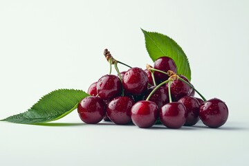 Wall Mural - A cluster of fresh cherries with leaves, showcasing their vibrant color and freshness.