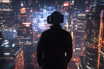 Wall Mural - Silhouetted figure in a VR headset, looking out over a futuristic cityscape with glowing lights and digital screens..