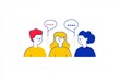 © SKIMP Art - Line art illustration of three people with speech bubbles, flat design, white background, blue, red, and yellow colors, minimalistic, simple lines, icon style Generative AI