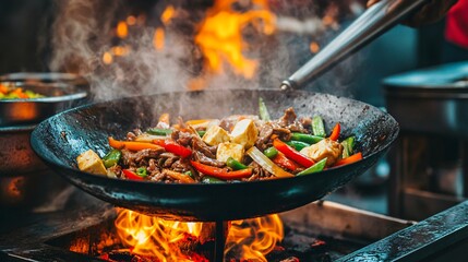 A rustic Chinese kitchen with a wok sizzling over a high flame, stir-frying colorful vegetables, tofu, and tender beef strips