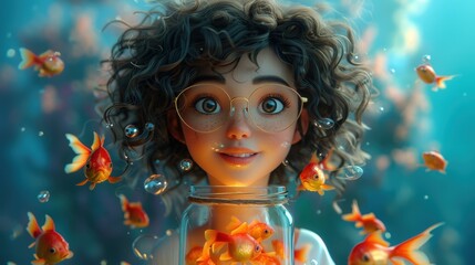 the red fish in the jar and the cute girl, cartoon, illustration, wallpaper