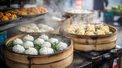 A traditional Chinese food market stall selling fresh dumplings, baozi, and other street food, with steam rising from the bamboo baskets