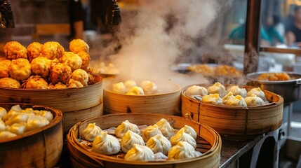 A traditional Chinese food market stall selling fresh dumplings, baozi, and other street food, with steam rising from the bamboo baskets