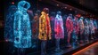 © Emiliia - A series of holographic displays features digital representations of sustainable fashion designs in a modern exhibition space.